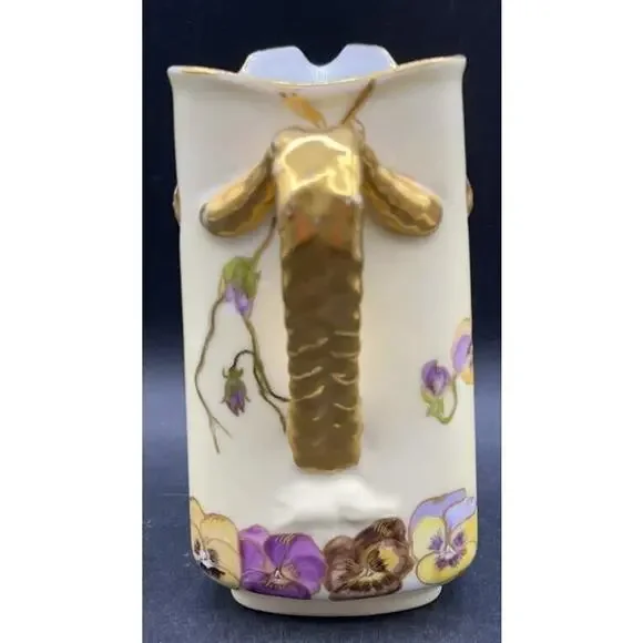 Antique H&Co Limoges Cream Pitcher 1 Pint Gold Floral Pansies - RARE